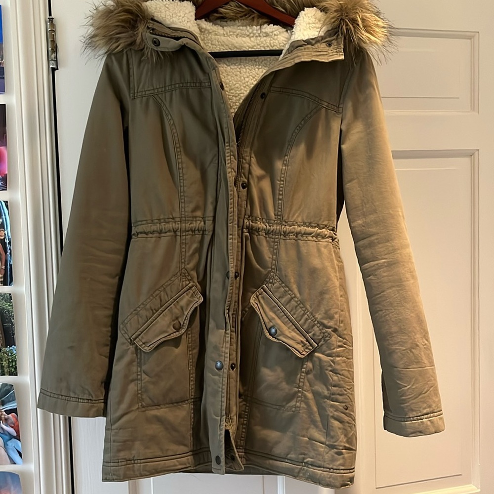 Olive green long jacket with fuzzy interior